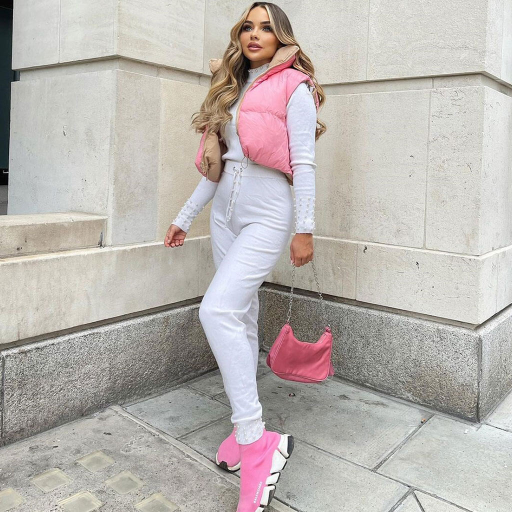 Two-Way High Neck Drawstring Edge Cropped Quilted Vest - Pink - Image 3