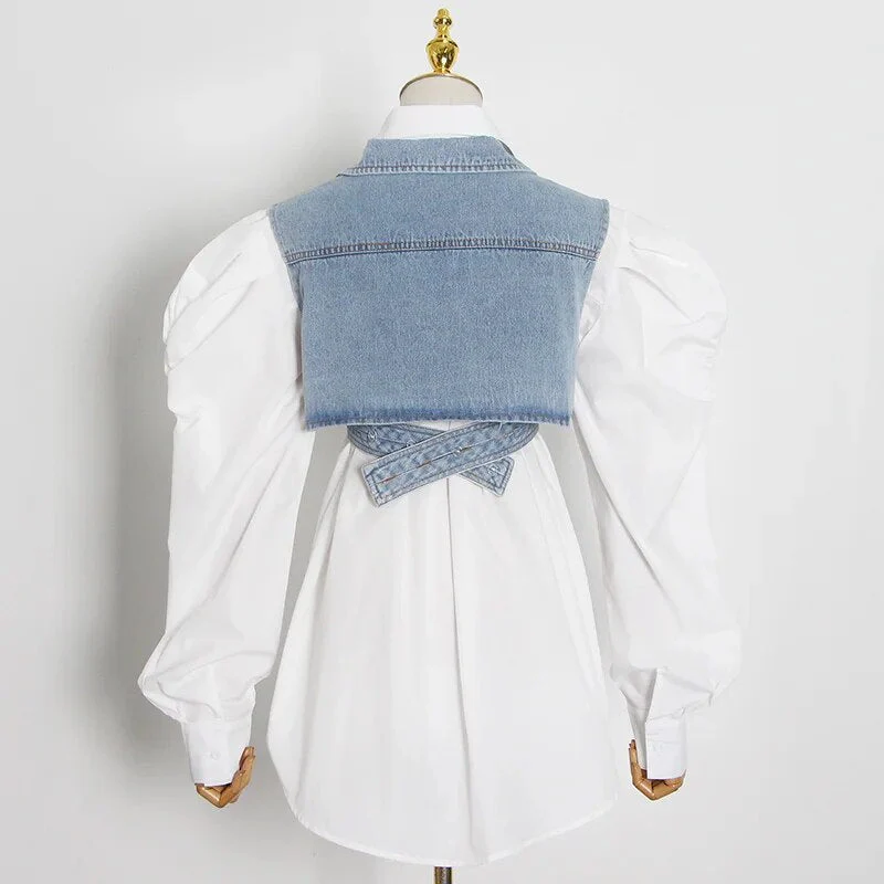 LAYVA WHITE SHIRT with PUFF SleeveS and CROSS DENIM VEST 2 PIECE SET - Image 2