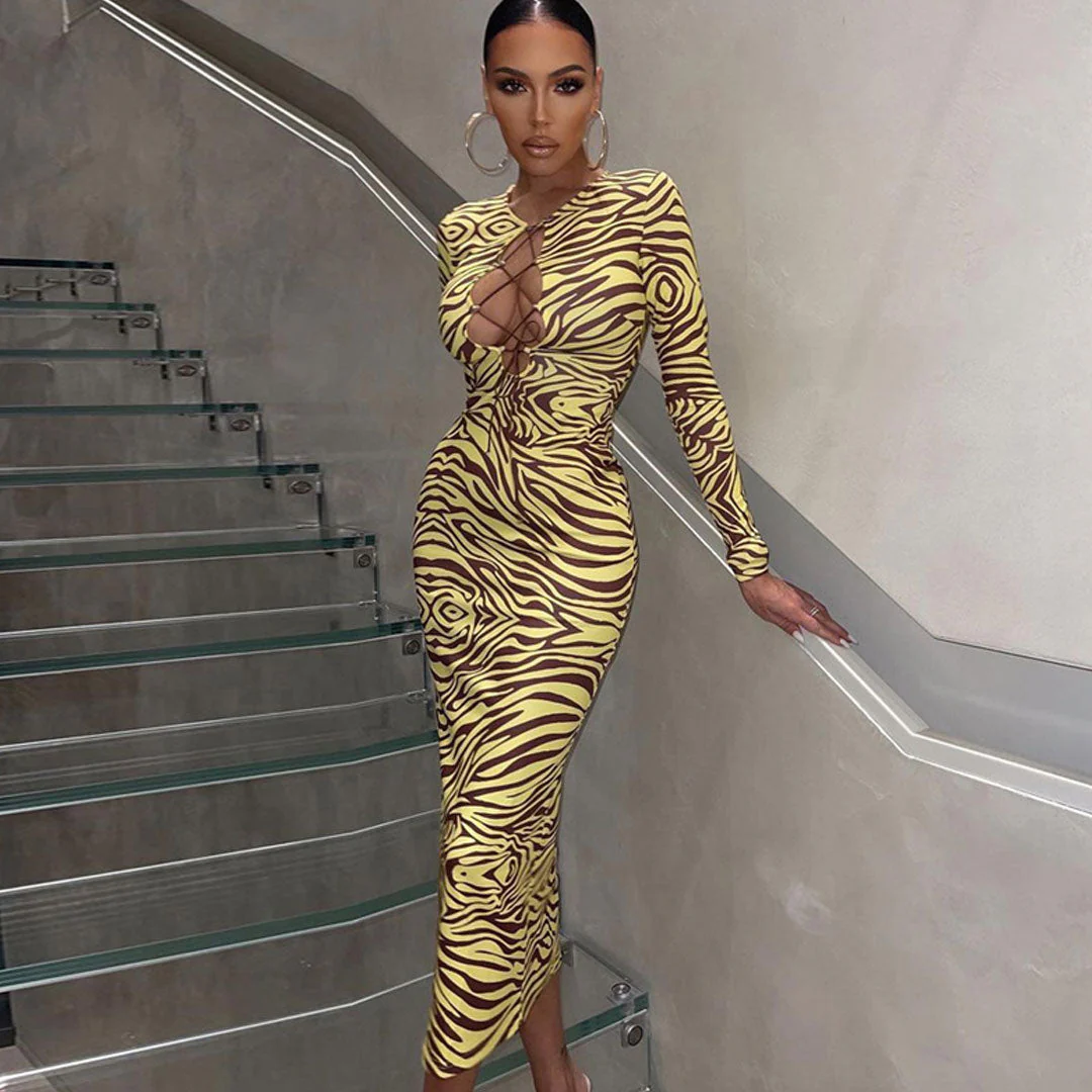 Unique Abstract Long Sleeve Tie Front Cut Out Midi Dress - Yellow - Image 2