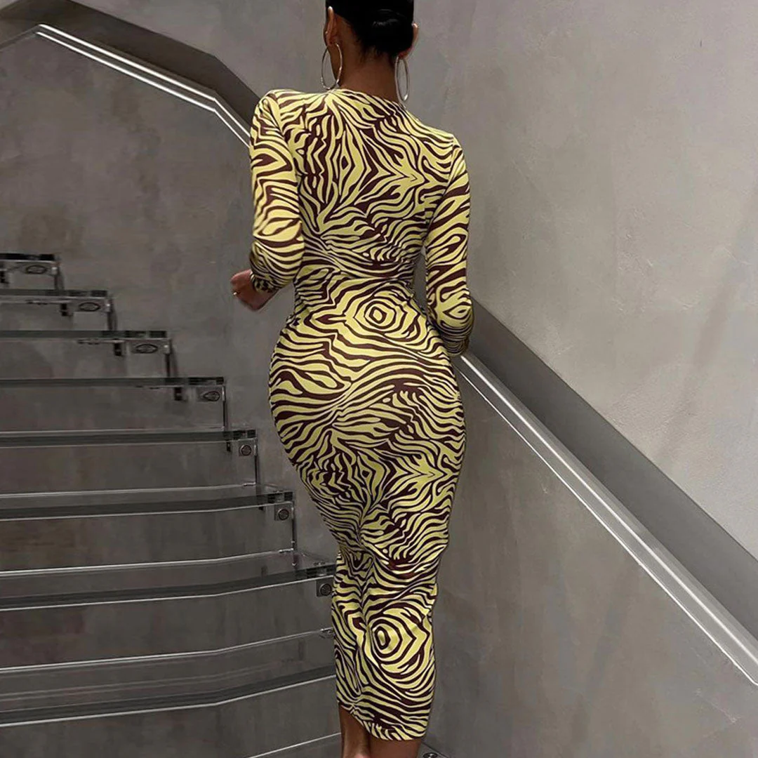 Unique Abstract Long Sleeve Tie Front Cut Out Midi Dress - Yellow - Image 3