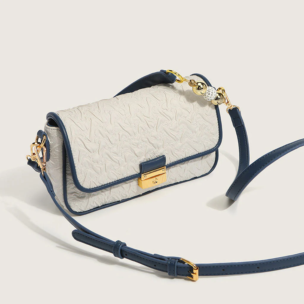 Unique Bead Trimmed Flap Front Buckled Ruched Shoulder Bag - White - Image 3