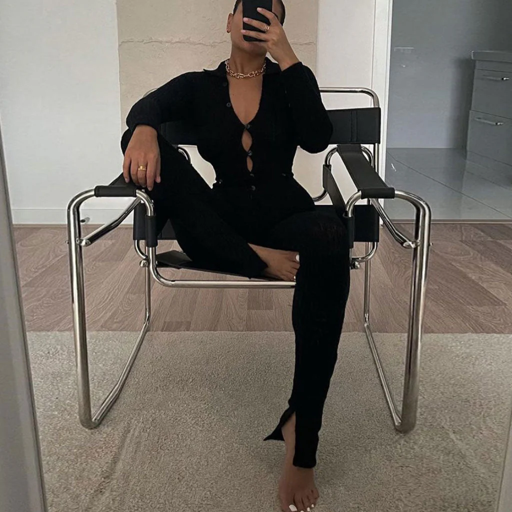 Unique Collared Button Up Long Sleeve Side Slit Ribbed Jumpsuit - Black - Image 3