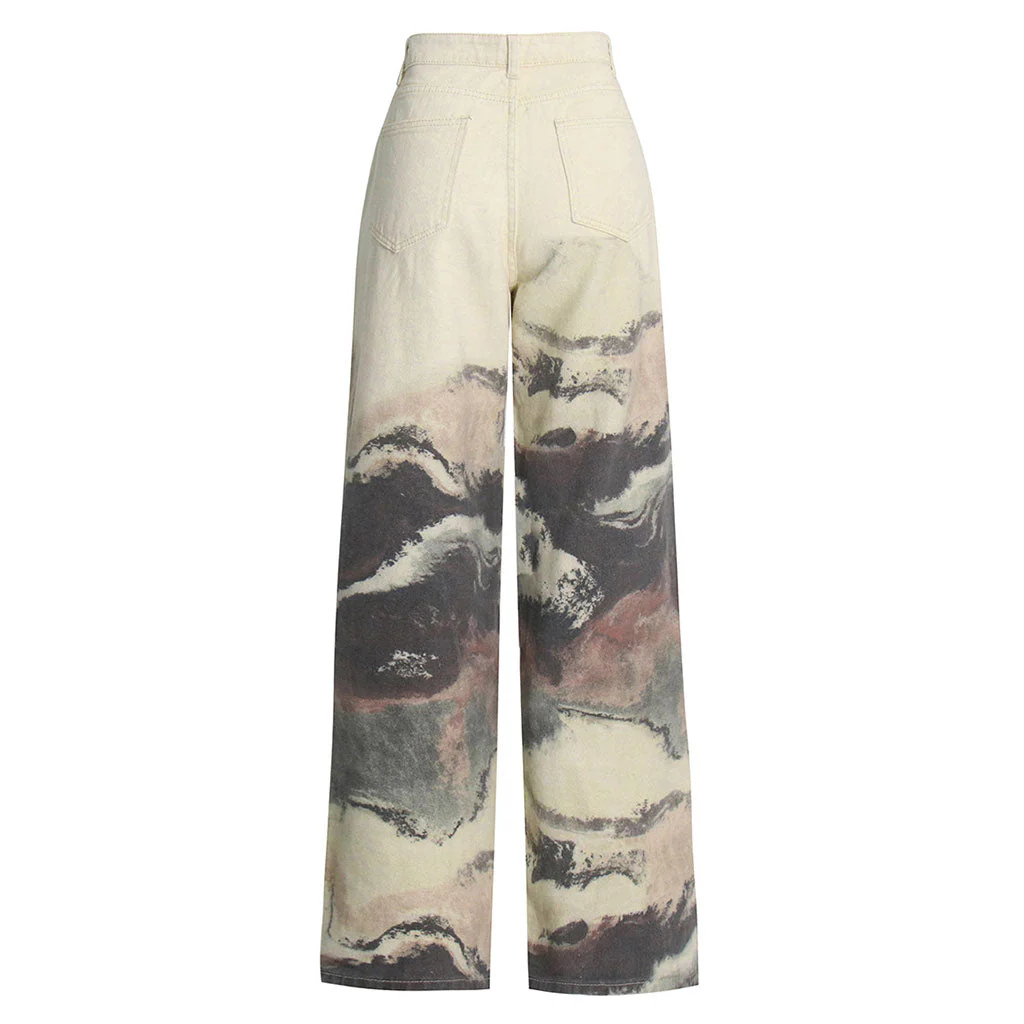 Unique Contrast Marble Print Straight Leg High Waist Jeans - Image 2