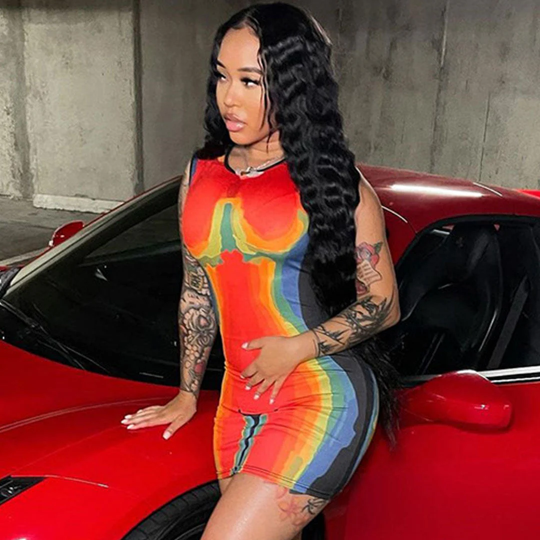 Unique Crew Neck Thermal Body Print Sleeveless Mini Dress - Red - Image 2