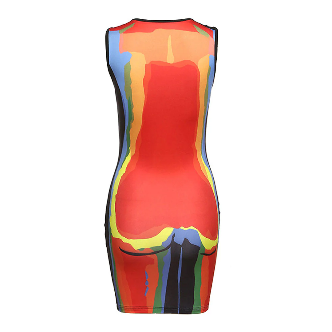 Unique Crew Neck Thermal Body Print Sleeveless Mini Dress - Red - Image 4