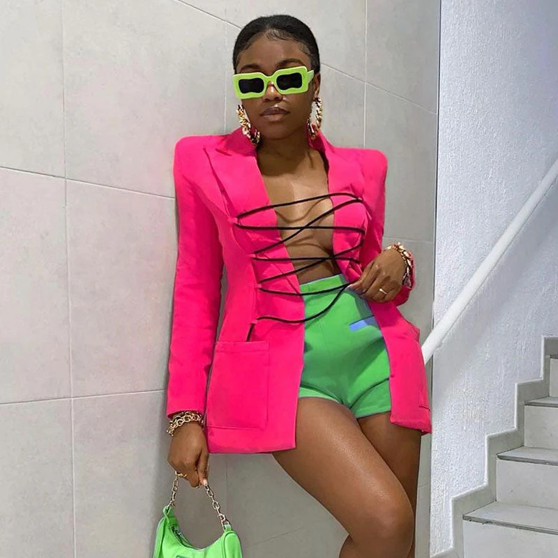 Unique Crisscross String Lapel Long Sleeve Blazer - ROSE - Image 2
