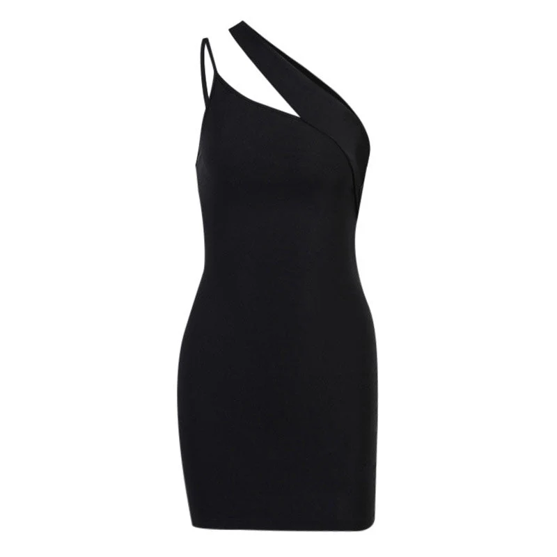 Unique Cut Out One Shoulder Bodycon Party Mini Dress - Black - Image 3