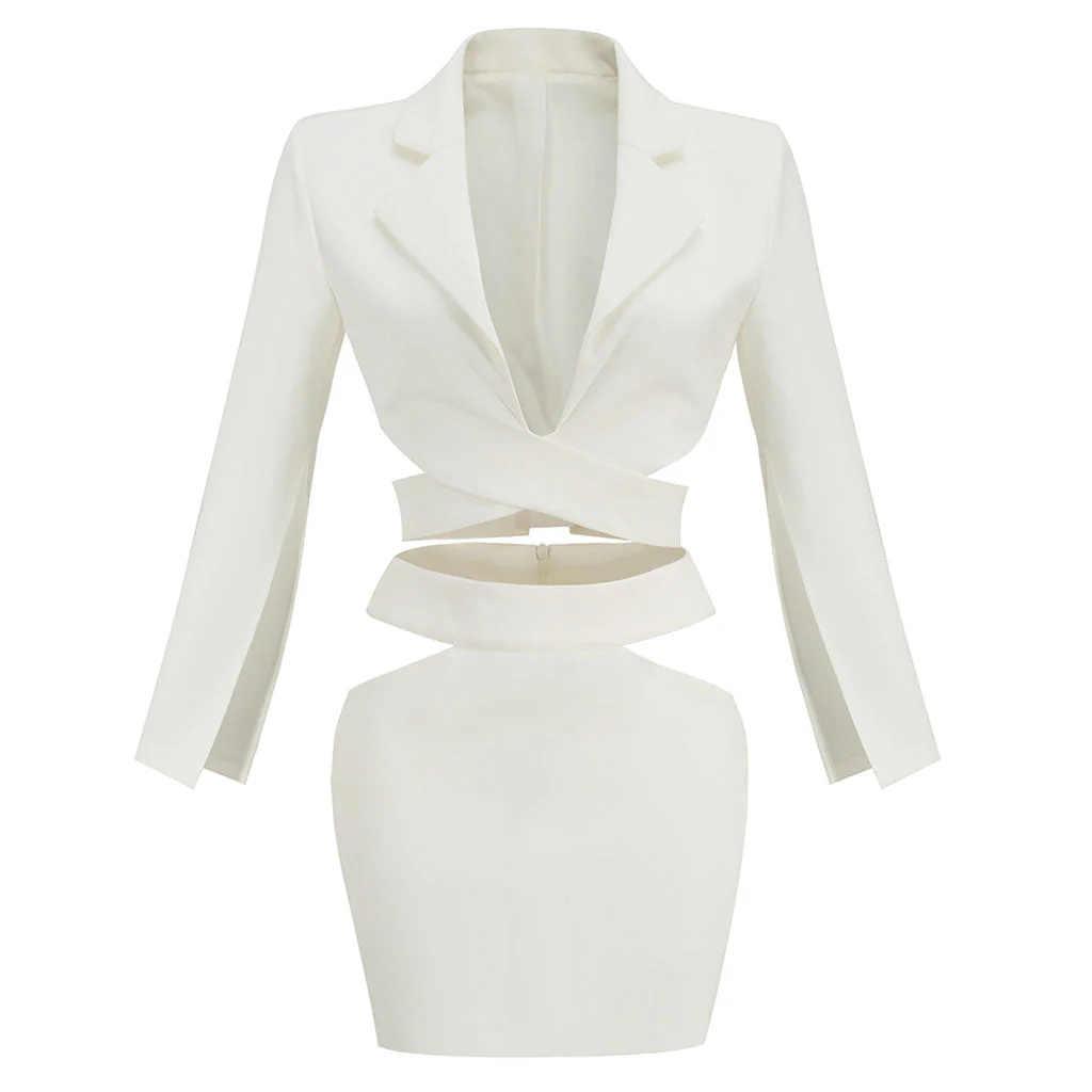 Unique CutOut Split Sleeve Wraparound Blazer Matching Set - White - Image 3