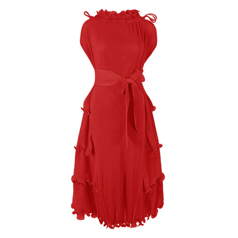 Unique Drawstring Ruffled Mock Neck Self Tie Belted Pleated Midi Dress - Image 5