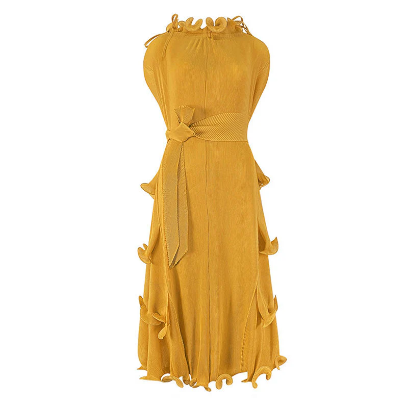 Unique Drawstring Ruffled Mock Neck Self Tie Belted Pleated Midi Dress - Image 6