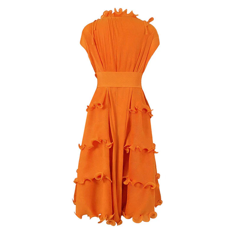 Unique Drawstring Ruffled Mock Neck Self Tie Belted Pleated Midi Dress - Image 7