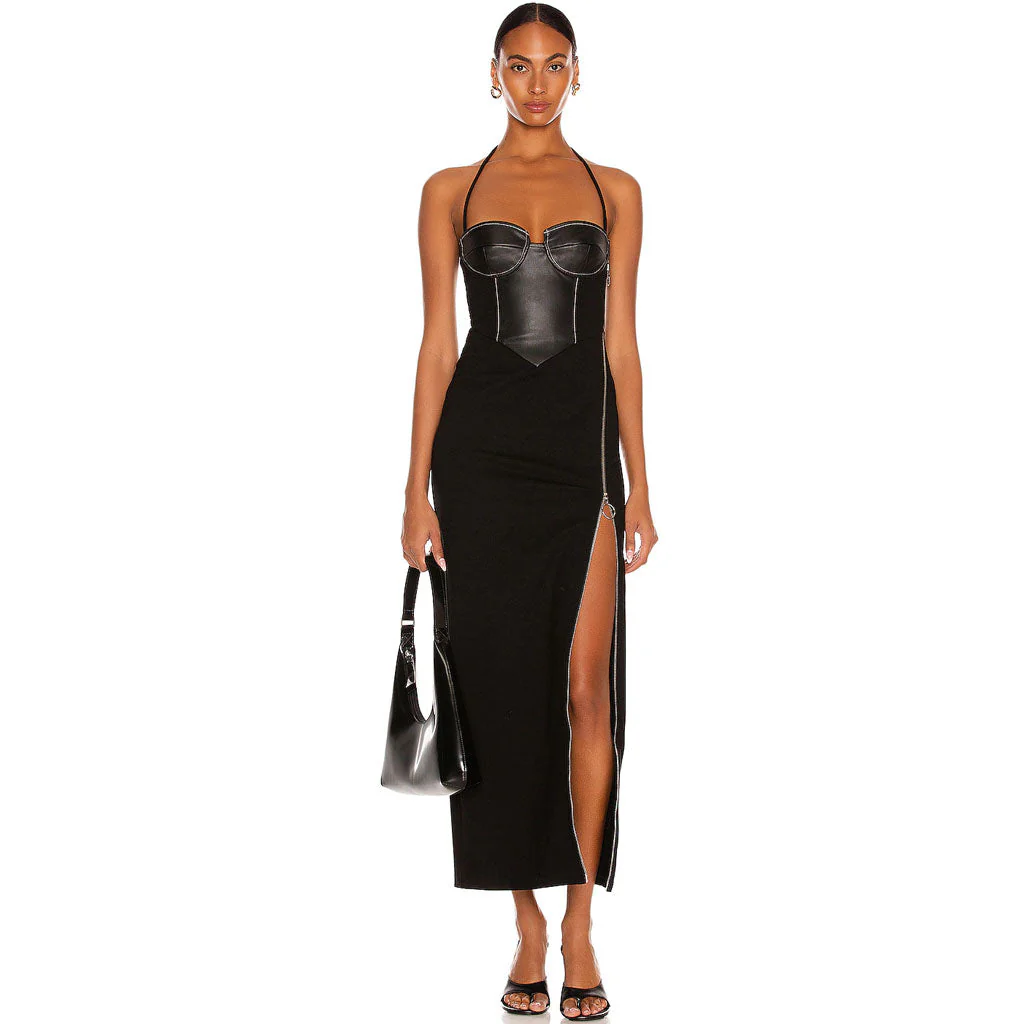 Unique Halter Zip Side Panel Leather Cocktail Midi Dress - Black - Image 2