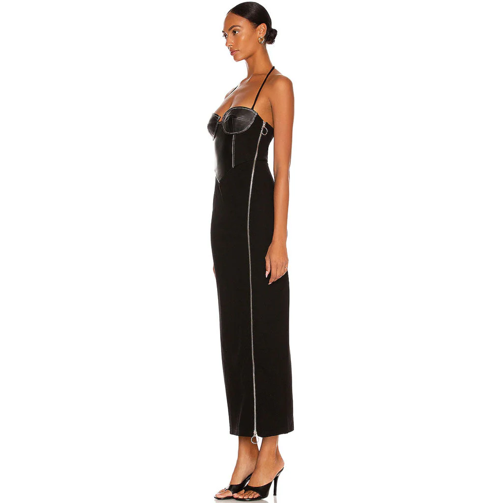 Unique Halter Zip Side Panel Leather Cocktail Midi Dress - Black - Image 3
