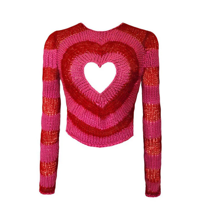 Unique Heart Cut Out Crew Neck Long Sleeve Rib Knit Cropped Sweater - Red - Image 5