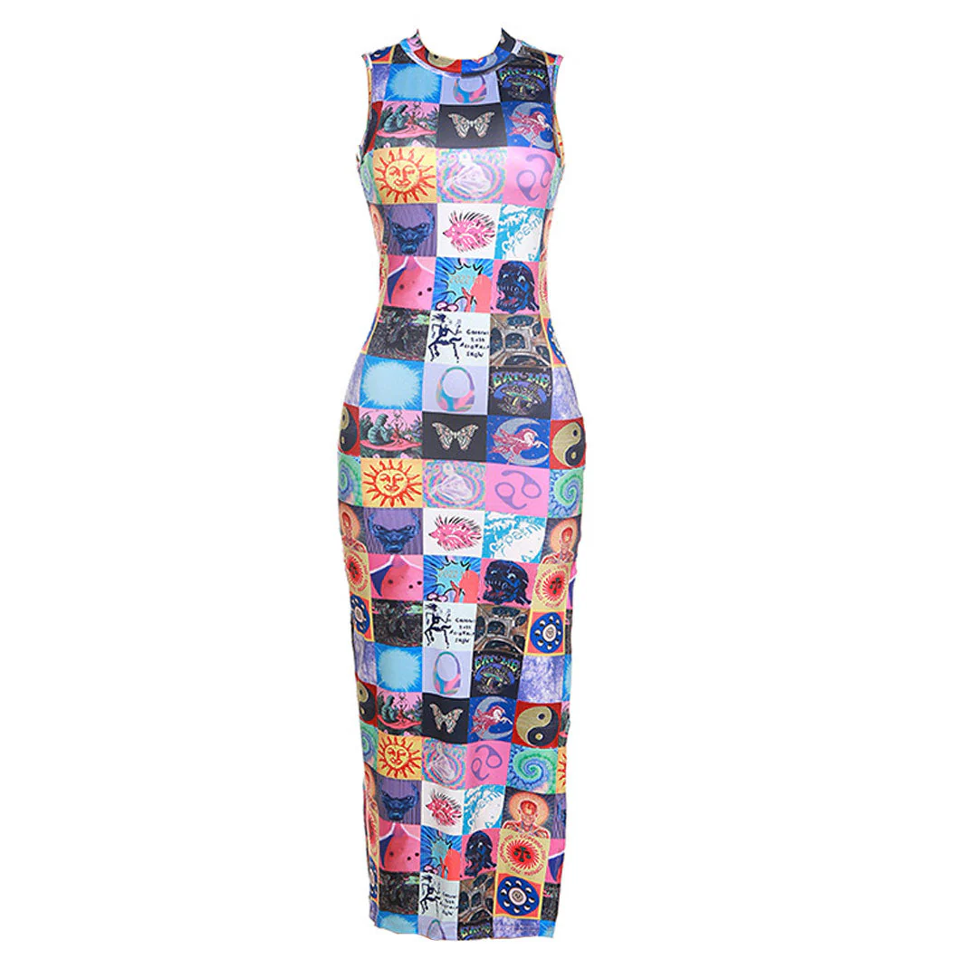 Unique High Neck Split Blotter Print Sleeveless Maxi Dress - Multicolor - Image 2