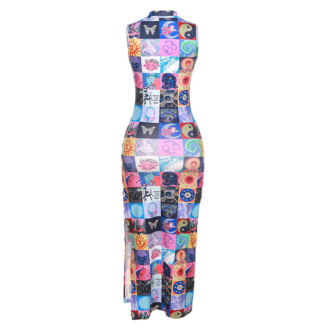 Unique High Neck Split Blotter Print Sleeveless Maxi Dress - Multicolor - Image 3