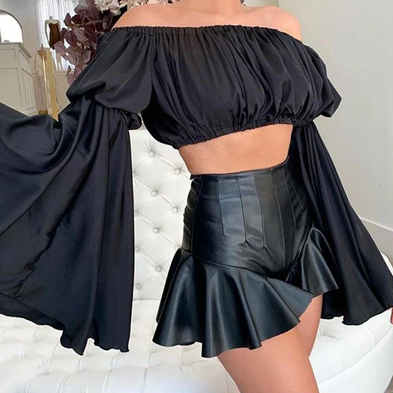 Unique High Waist Zip Back Ruffle Leg Leather Shorts - Black - Image 3