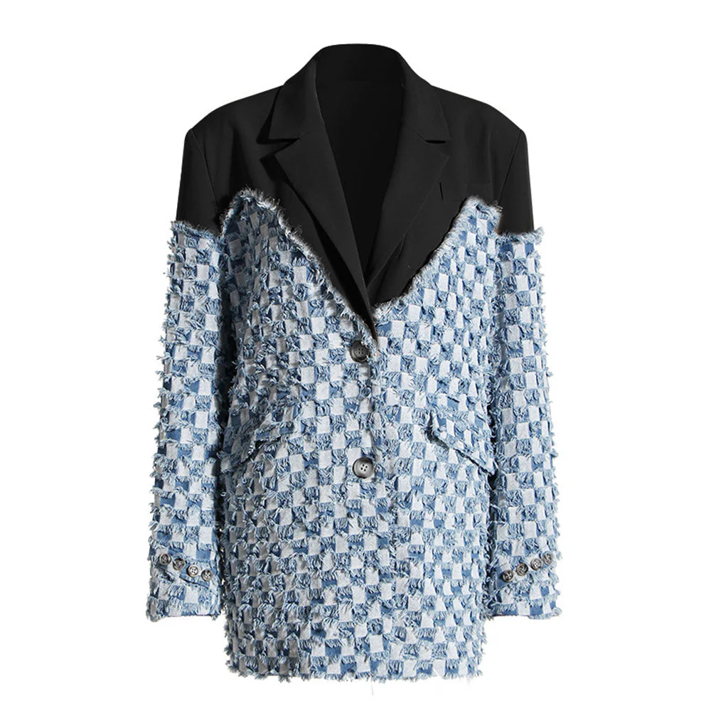 Unique Lapel Collar Single Breasted Checkered Contrast Spliced Blazer - Image 2