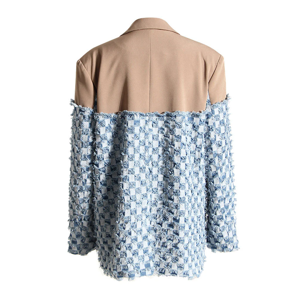 Unique Lapel Collar Single Breasted Checkered Contrast Spliced Blazer - Image 3
