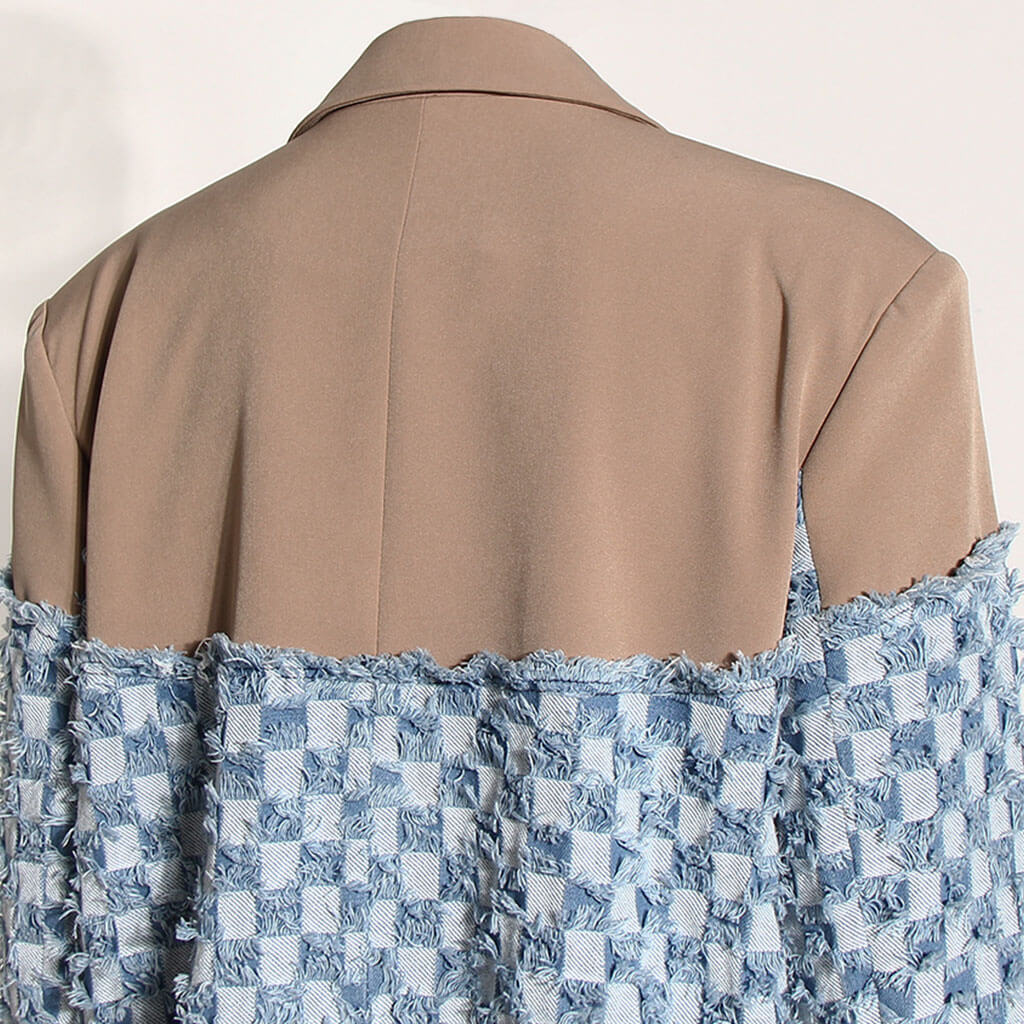 Unique Lapel Collar Single Breasted Checkered Contrast Spliced Blazer - Image 6