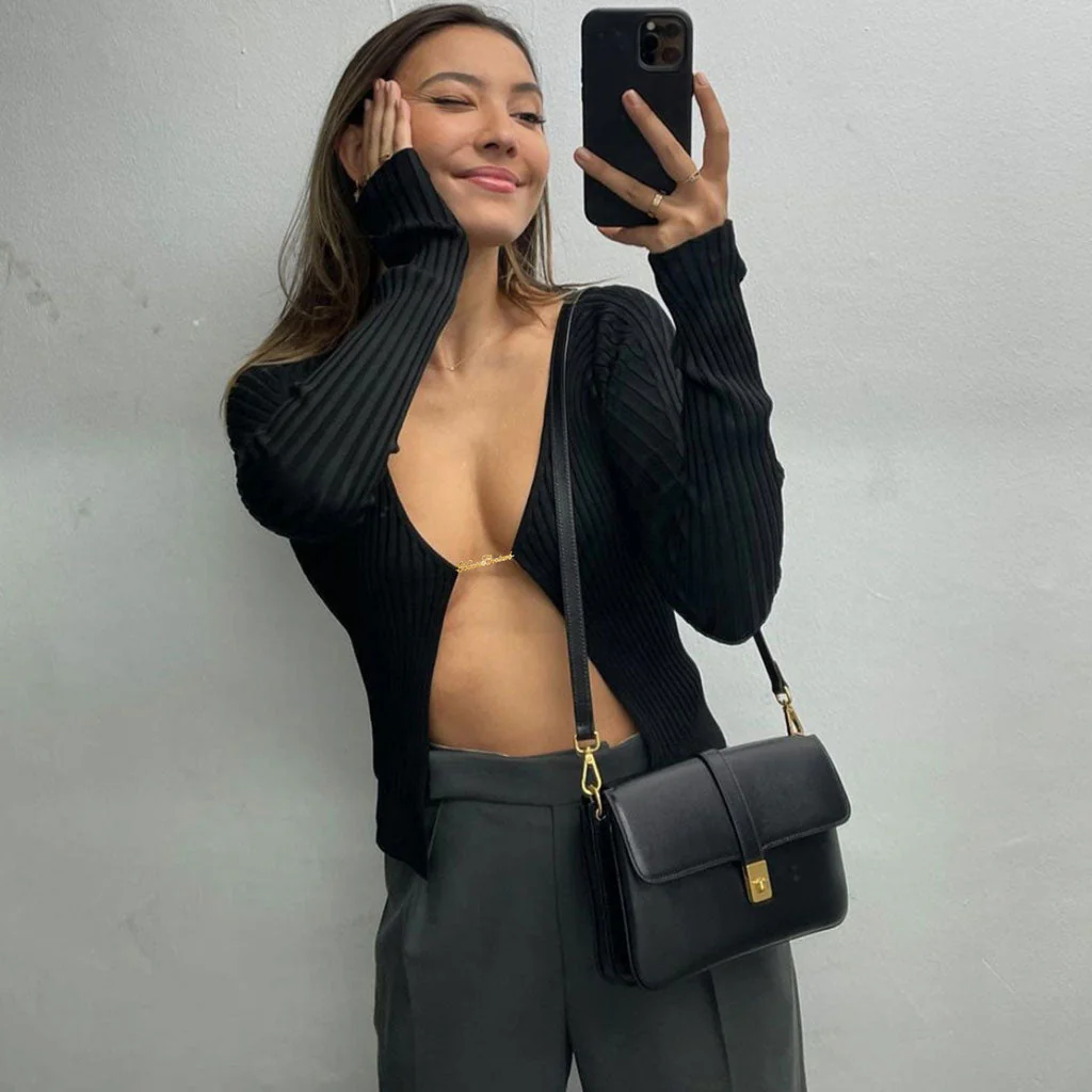 Unique Letter Chain Open Front Long Sleeve Ribbed Crop Cardigan - Black - Image 2