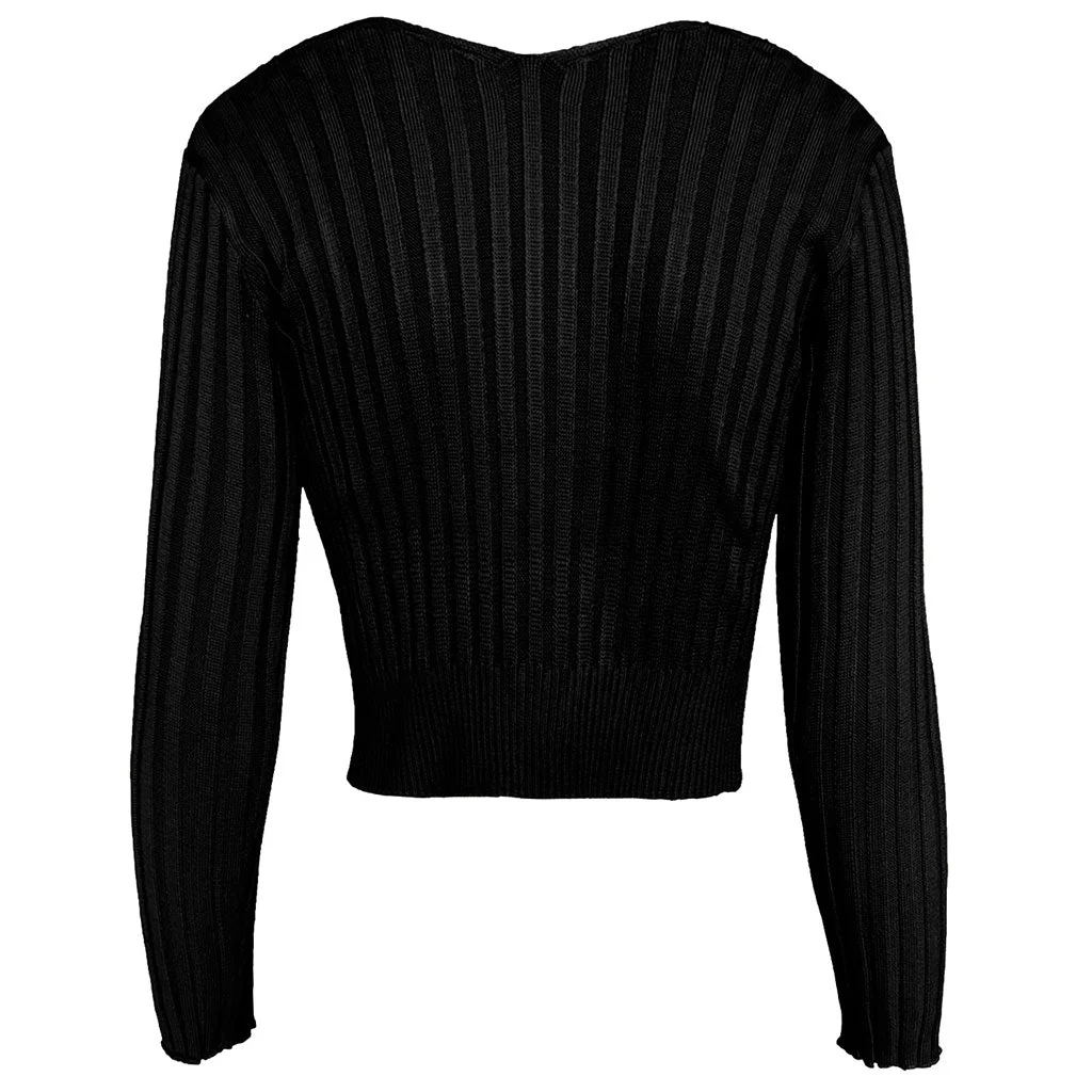 Unique Letter Chain Open Front Long Sleeve Ribbed Crop Cardigan - Black - Image 5