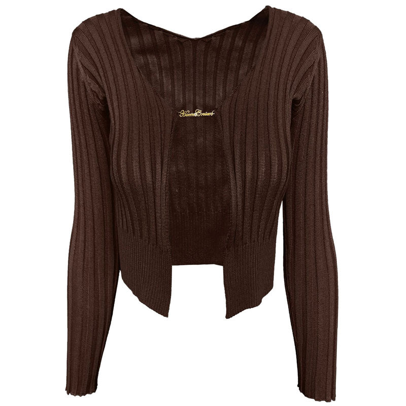 Unique Letter Chain Open Front Long Sleeve Ribbed Crop Cardigan - Coffee - Image 4