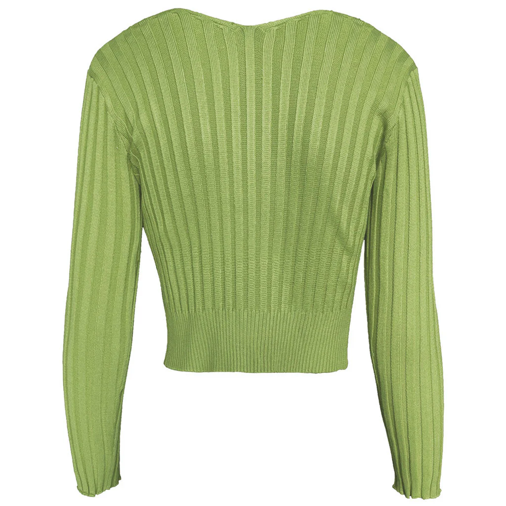 Unique Letter Chain Open Front Long Sleeve Ribbed Crop Cardigan - Green - Image 5