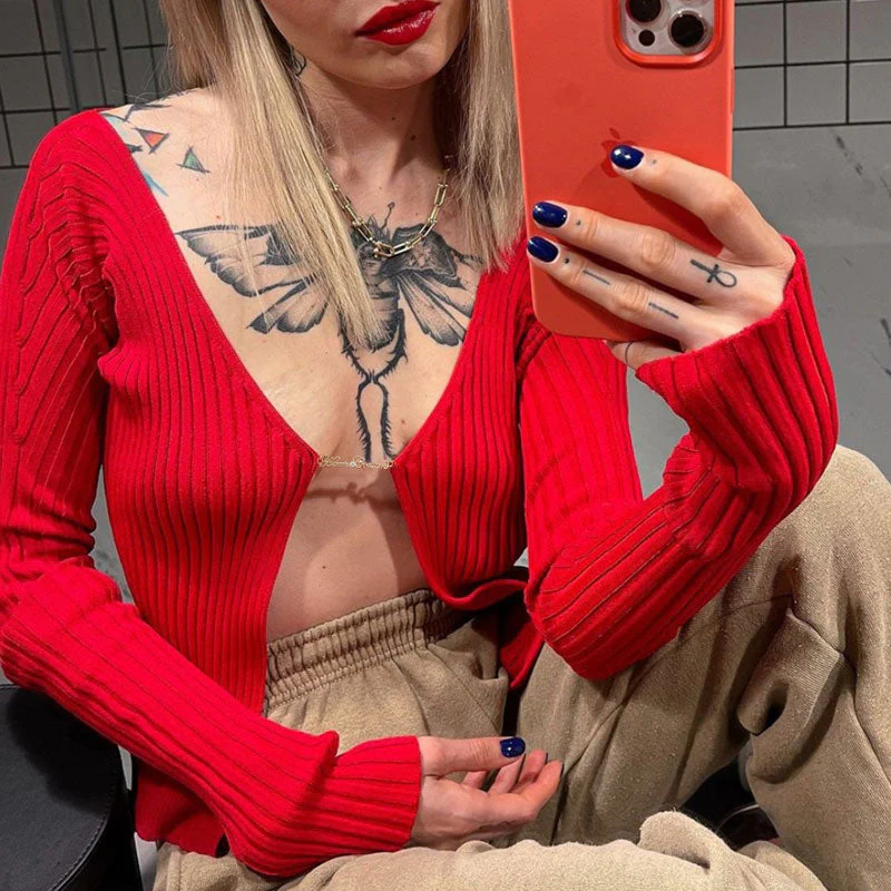 Unique Letter Chain Open Front Long Sleeve Ribbed Crop Cardigan - Red - Image 3