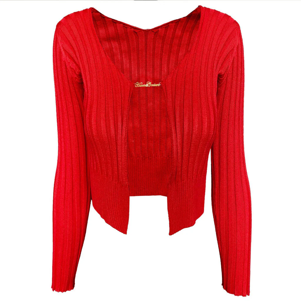 Unique Letter Chain Open Front Long Sleeve Ribbed Crop Cardigan - Red - Image 4