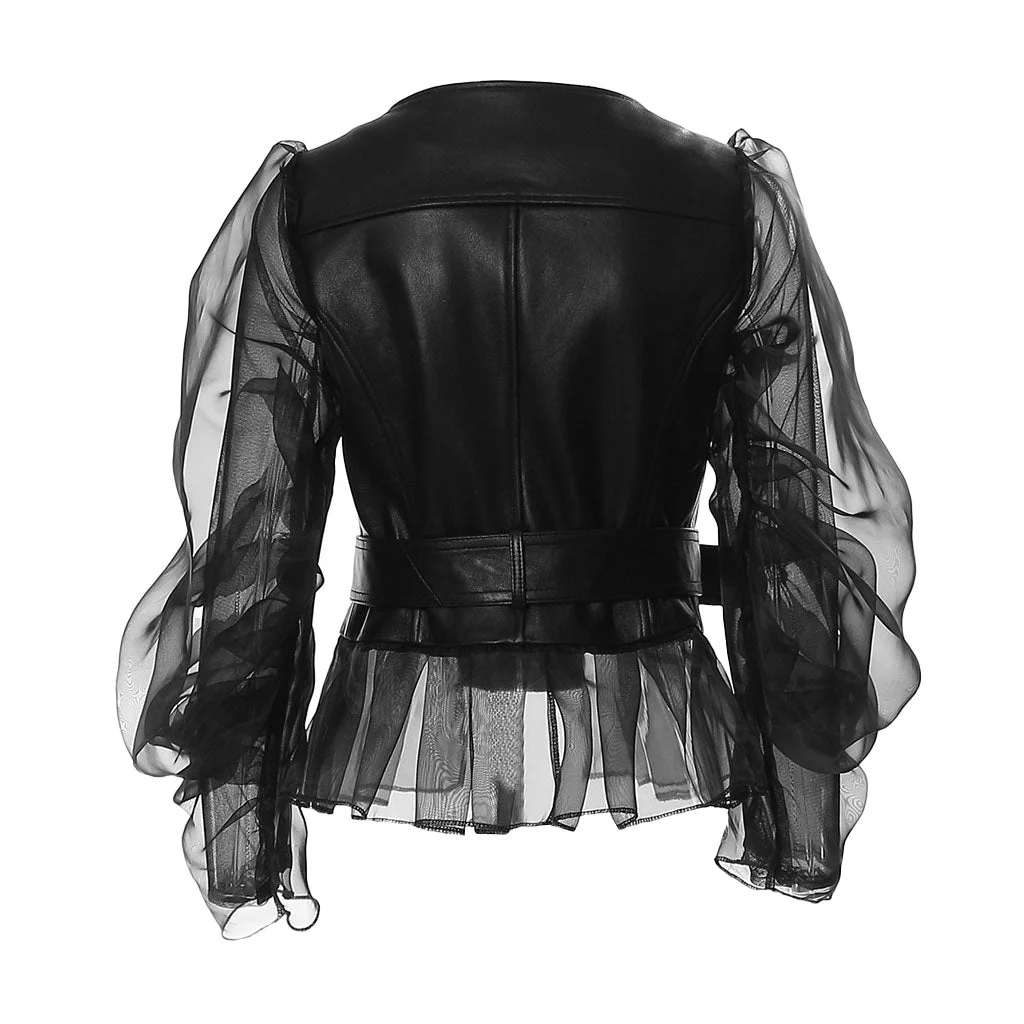 Unique Mesh Panel Puff Sleeve Zip Up Belted Vegan Leather Jacket - Image 2