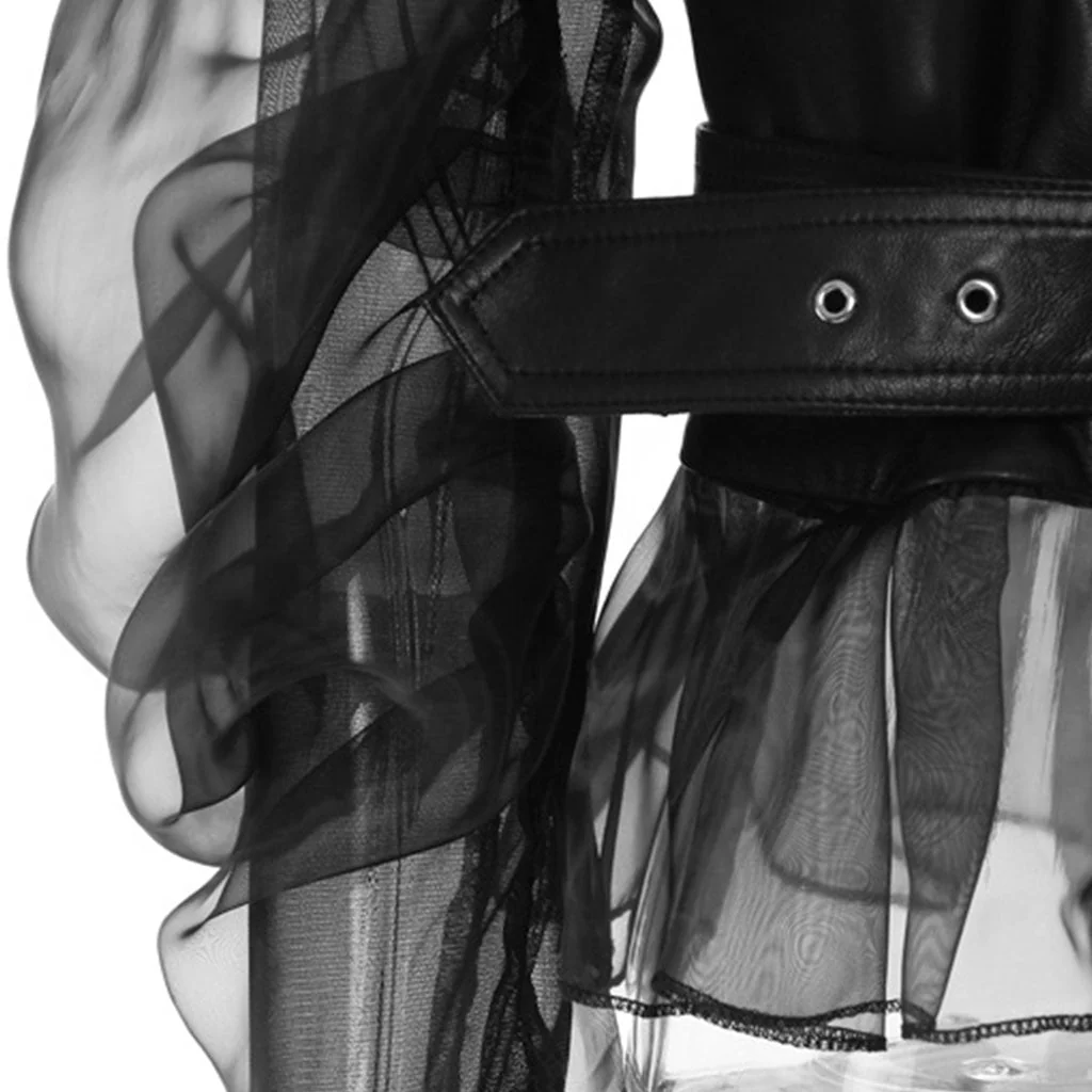 Unique Mesh Panel Puff Sleeve Zip Up Belted Vegan Leather Jacket - Image 3
