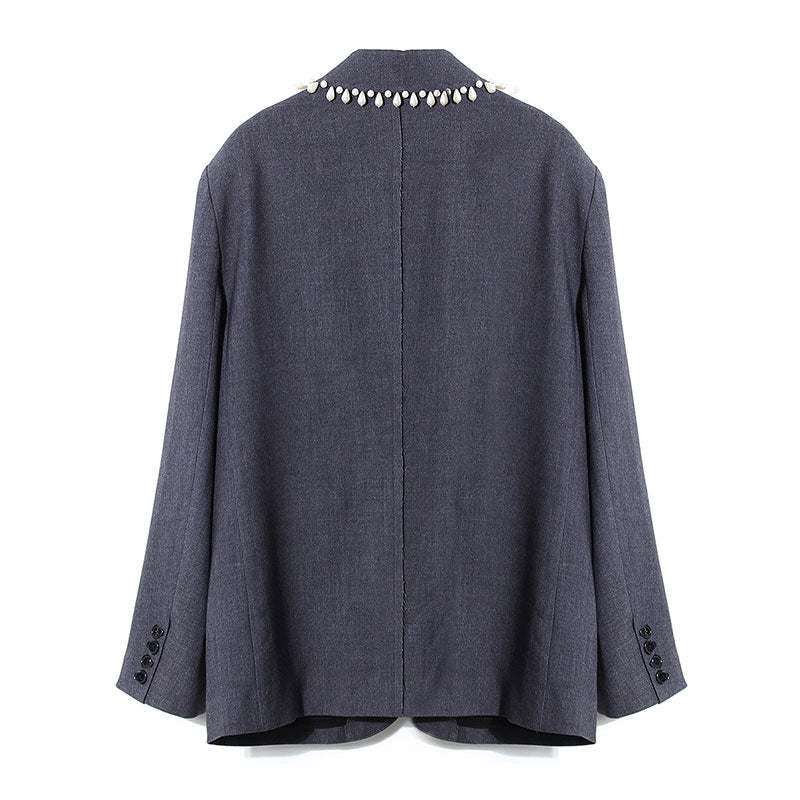Unique Pin Detail Pearl Embellished Raw Trim Lapel Collar Single Breasted Blazer - Image 2