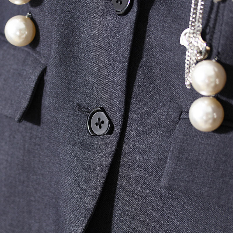 Unique Pin Detail Pearl Embellished Raw Trim Lapel Collar Single Breasted Blazer - Image 3