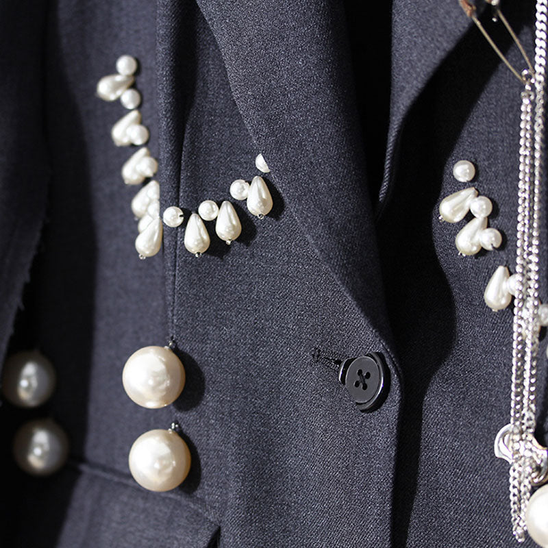 Unique Pin Detail Pearl Embellished Raw Trim Lapel Collar Single Breasted Blazer - Image 4