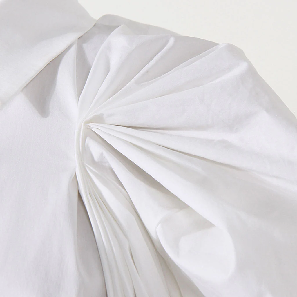 Unique Pleated Detail Puff Sleeve Collared Button Up Blouse - Image 4