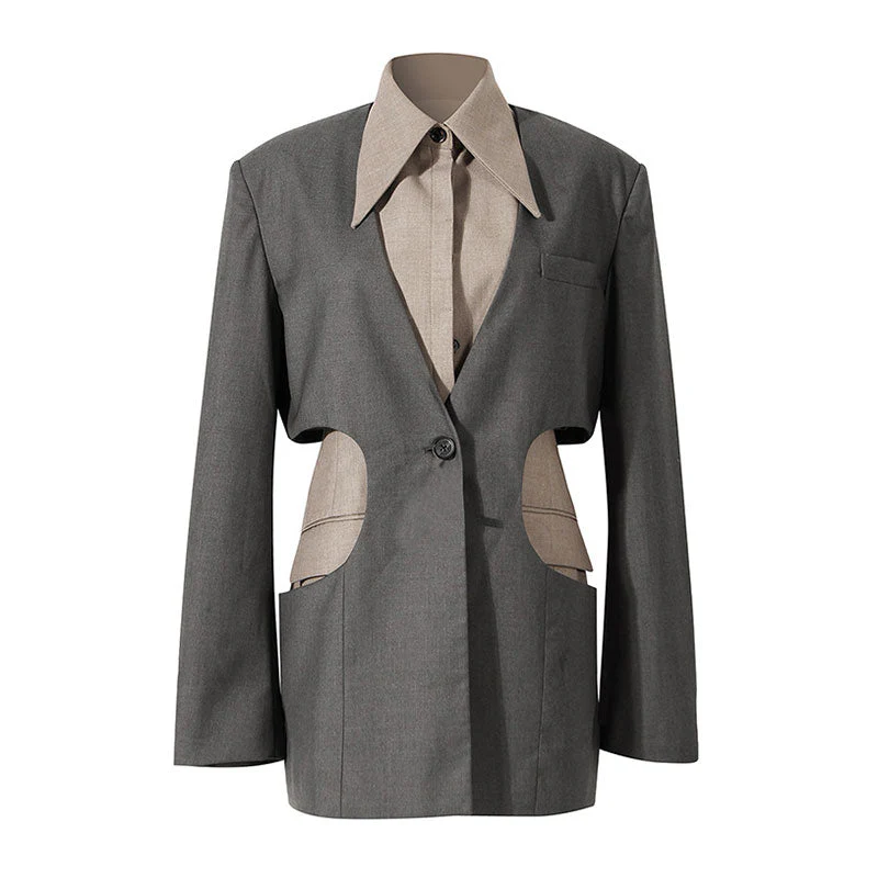 Unique Point Collar Single Breasted Side Cut Out Contrast Layered Panel Blazer - Image 2