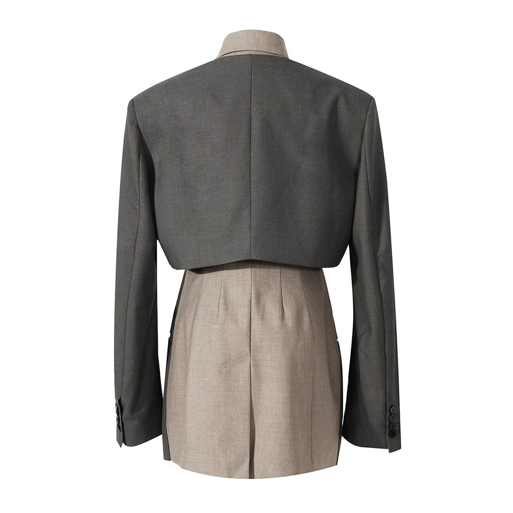 Unique Point Collar Single Breasted Side Cut Out Contrast Layered Panel Blazer - Image 4