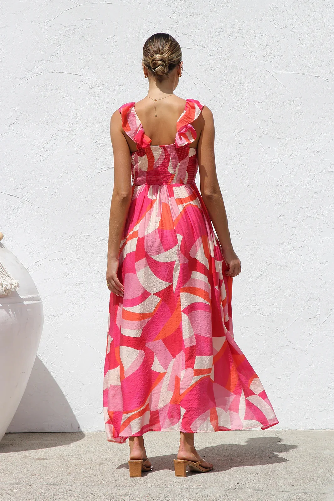 Unique Printed Ruffled Straps Pleated Back Maxi Dress - Image 10