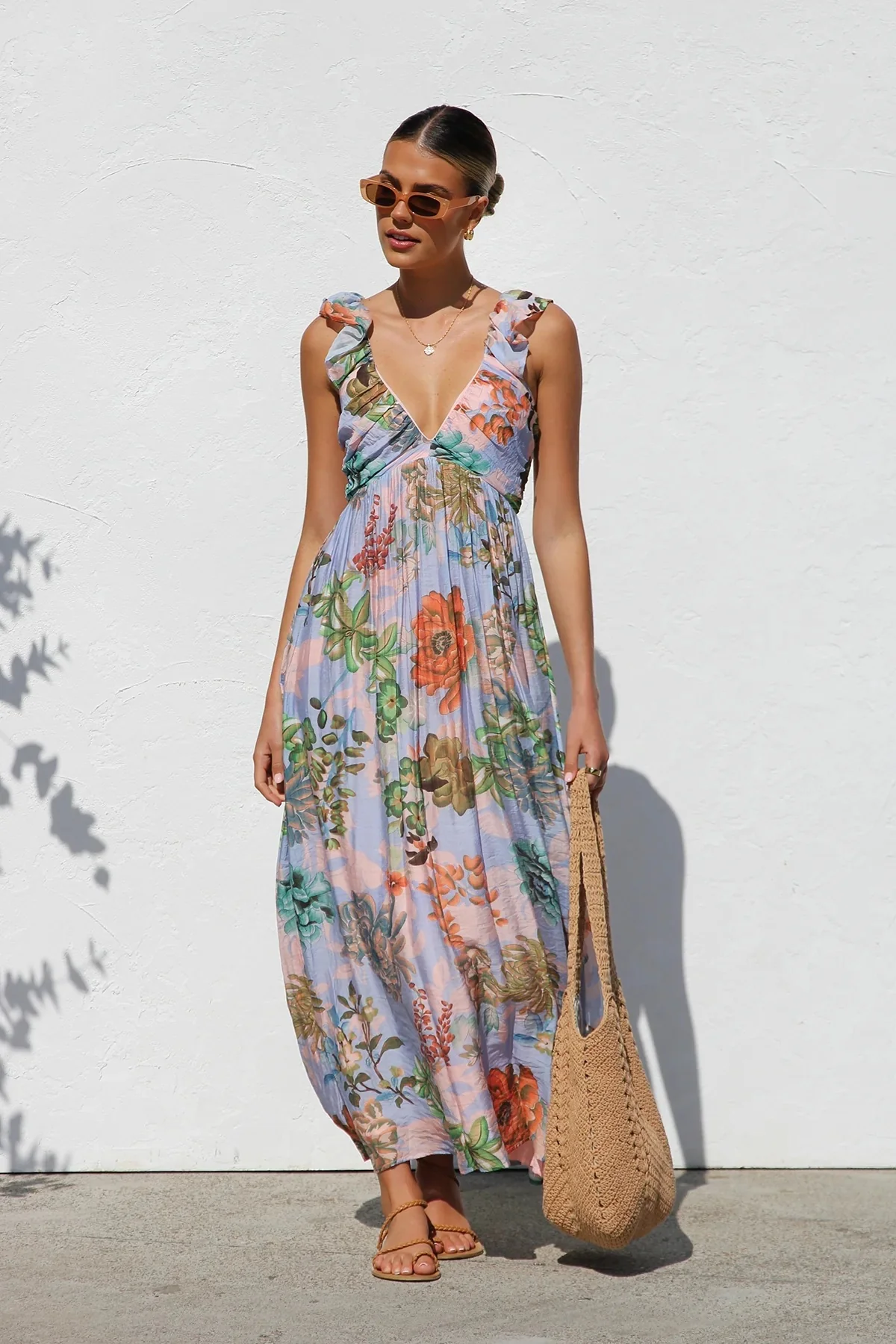 Unique Printed Ruffled Straps Pleated Back Maxi Dress - Image 7
