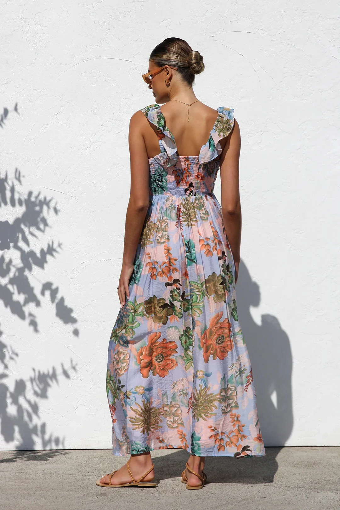Unique Printed Ruffled Straps Pleated Back Maxi Dress - Image 9