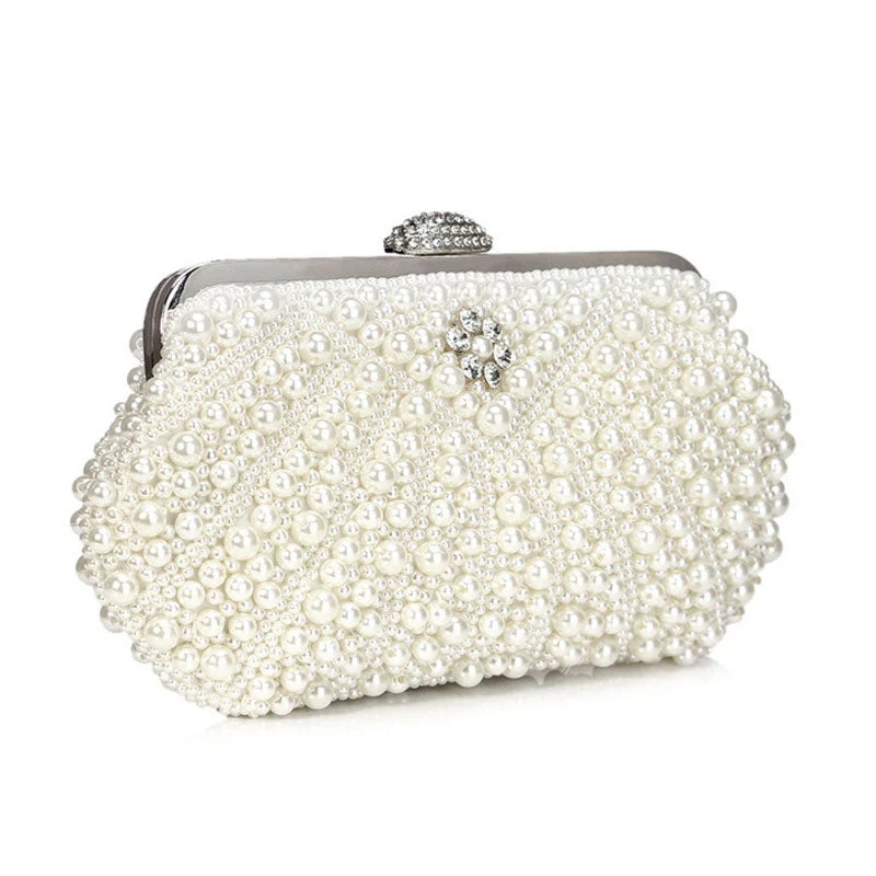Unique Rhinestone Embellished Top Handle Pearl Clutch Bag - Beige - Image 2