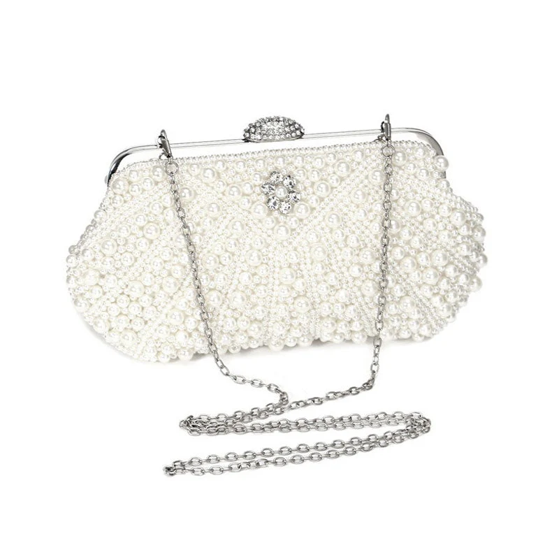 Unique Rhinestone Embellished Top Handle Pearl Clutch Bag - Beige - Image 3