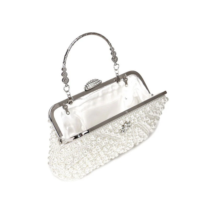Unique Rhinestone Embellished Top Handle Pearl Clutch Bag - Beige - Image 4