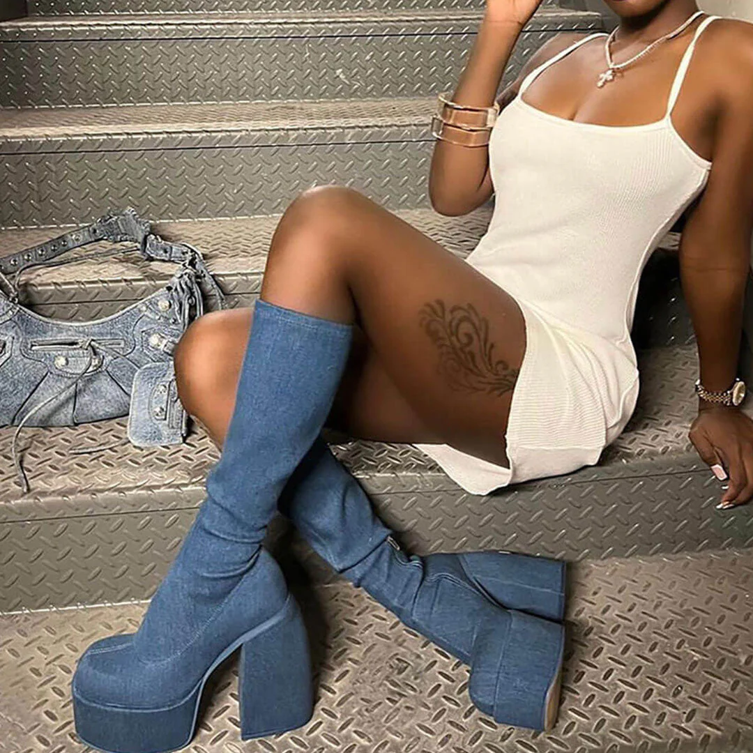 Unique Round Toe Geometric Heel Platform Knee High Boots - Denim Blue - Image 3