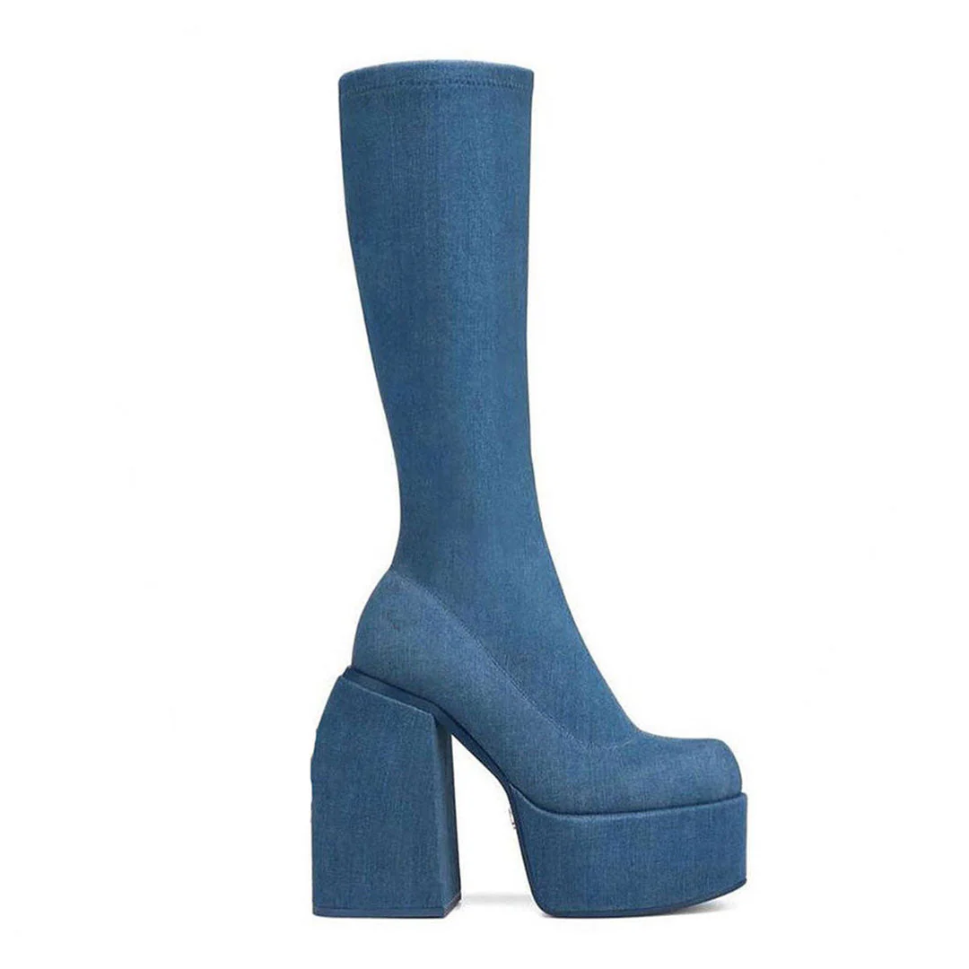 Unique Round Toe Geometric Heel Platform Knee High Boots - Denim Blue - Image 4