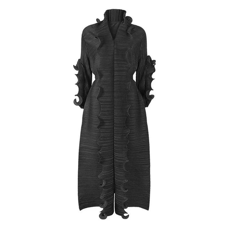 Unique Ruffled Long Sleeve V Neck Front Slit Belted Pleated Maxi Dress - Image 2