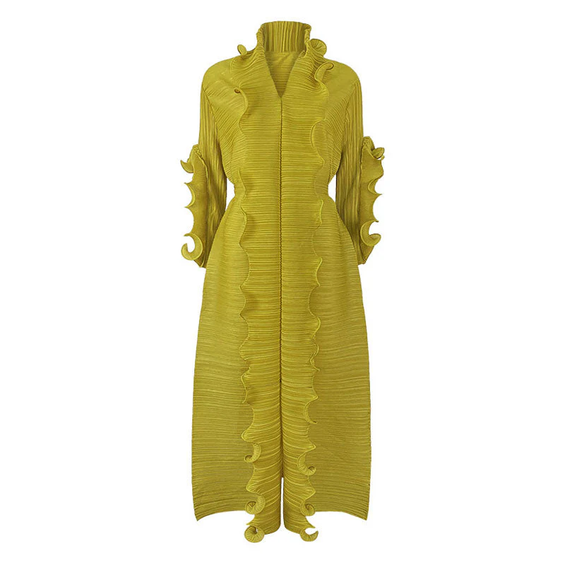 Unique Ruffled Long Sleeve V Neck Front Slit Belted Pleated Maxi Dress - Image 3