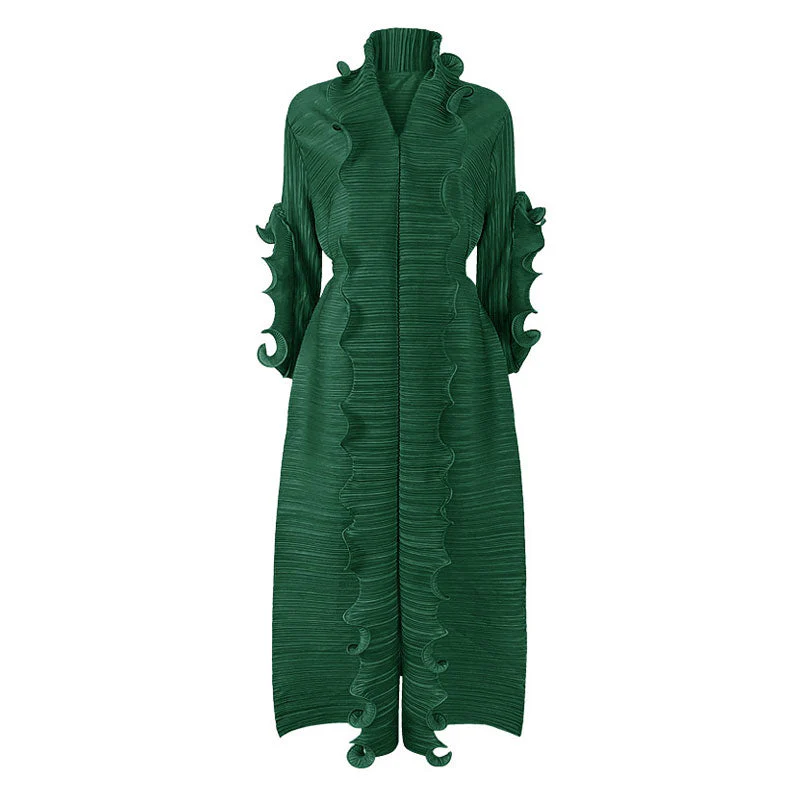 Unique Ruffled Long Sleeve V Neck Front Slit Belted Pleated Maxi Dress - Image 4