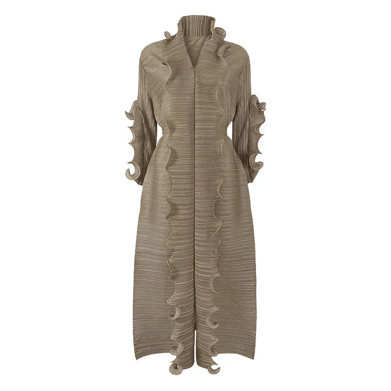 Unique Ruffled Long Sleeve V Neck Front Slit Belted Pleated Maxi Dress - Image 5